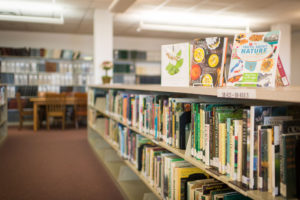 Books line the shelves of the Garden's library.
