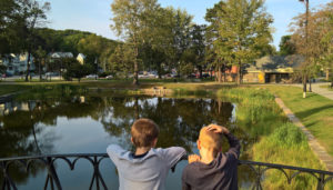 Two children look into the pond at Elm Park in Worcester.