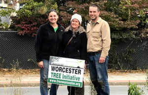 New England Botanic Garden at Tower Hill CEO Grace Elton, WTI executive director Ruth Seward, and New England Botanic Garden at Tower Hill horticulture director Mark Richardson on site in Worcester for a road median planting.