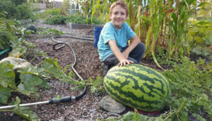 A young boy poses for a photo next to a watermelon.