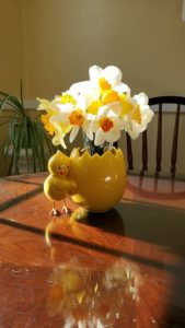 A chick vase is filled with daffodils.