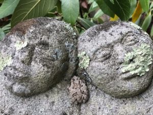 Rock sculpture of two faces covered in dirt