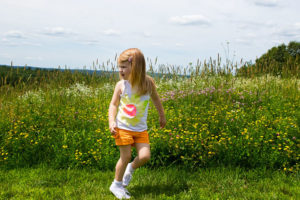 Child explores through tall grasses and meadow flowers