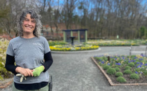 Outdoor gardener Erin Dolittle in the Nadeau Garden.