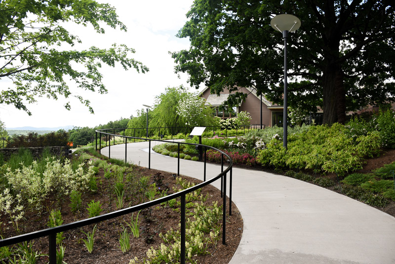 The ramp to the Visitor Center at New England Botanic Garden is surrounded by plants of the Entry Garden and apart of our accessibility efforts at the Garden.