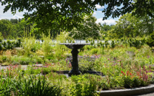 The black fountain sits in the center of the garden.