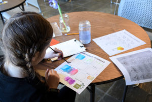 A young girl uses watercolor during an April Vacation week class.