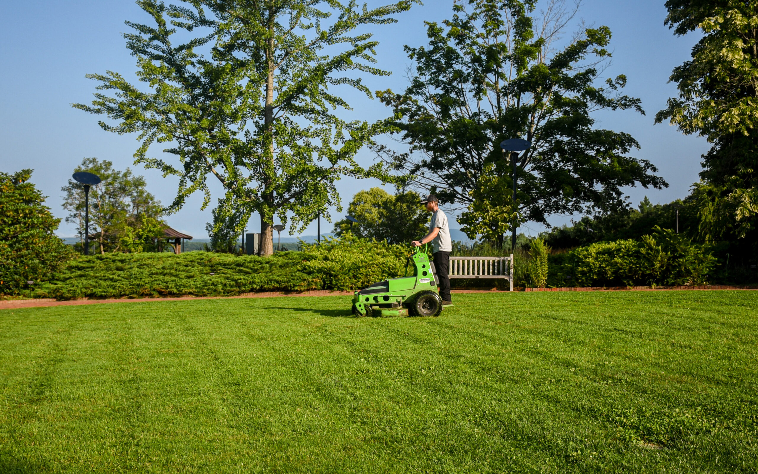 Electric mower used to mow turf grasses throughout property.