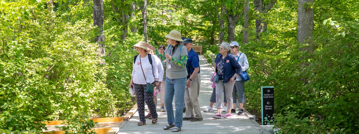 A volunteer leads a tour down Pliny's Allee.