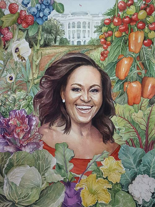 Michelle Obama (1964 - ) Using her influence to help others, Michelle Obama is encouraging families, schools, and community leaders to start gardening. While living in the White House as the First Lady of the United States, she invited children to join her in taking care of the vegetable garden there. Stepping out of the garden and away from the White House, Obama still visits many schools to talk to teachers and children about the way that plants and gardens can make us healthier. In response to Obama’s efforts, many schools have planted community gardens to teach children the importance of plants and vegetables. A piece from the Traveling Horticultural Heroes exhibit.