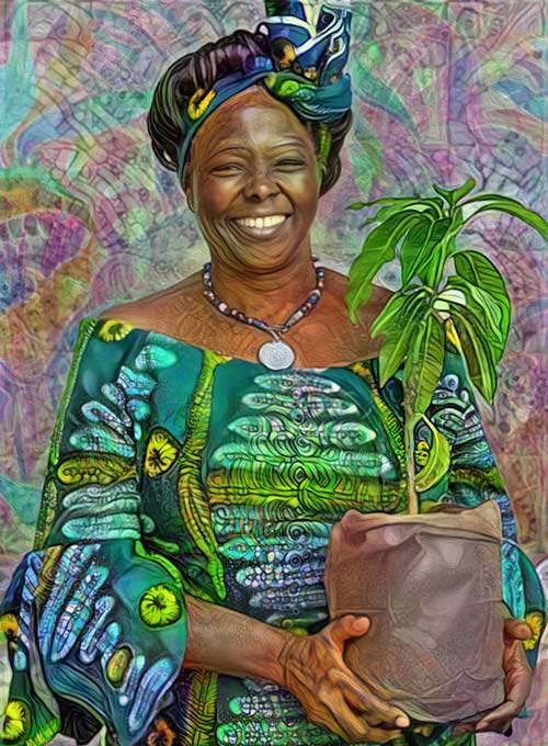Wangari Muta Maathai (1940-2011) was born in Kenya on a small farm and spent her life in opposition of unjust practices. She is the first African woman to win a nobel peace prize, which she received for her work in sustainable development. She was the first woman in East and Central Africa to receive a PhD. She was the head of a grassroots movement, aimed at creating sustainable livelihoods in rural parts of Kenya. Because of her efforts, over 51 millions trees have been planted throughout Africa.