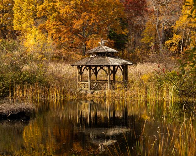 The wildlife refuge pond surrounded by fall foliage.