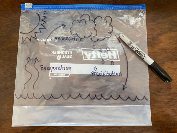 A ziploc bag with the water cycle drawn on it for a water activity