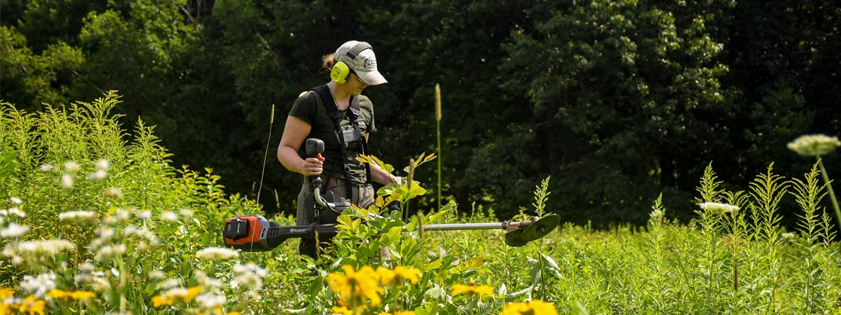 Horticulture staff out in the meadows using electric tools.