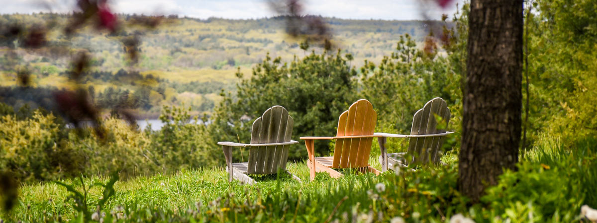 Three chairs lined up in the garden overlooking the wachusett reservoir.