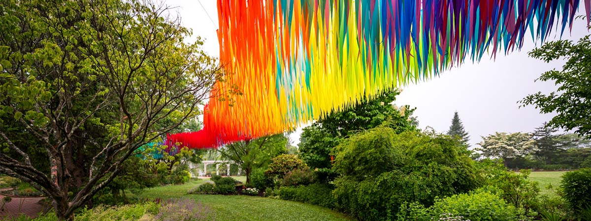 The aerial art, Flora in Flight, hangs up in the Lawn Garden.