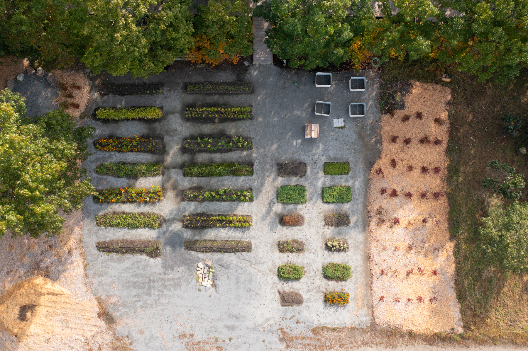 An aerial view of the Climate Garden in early autumn