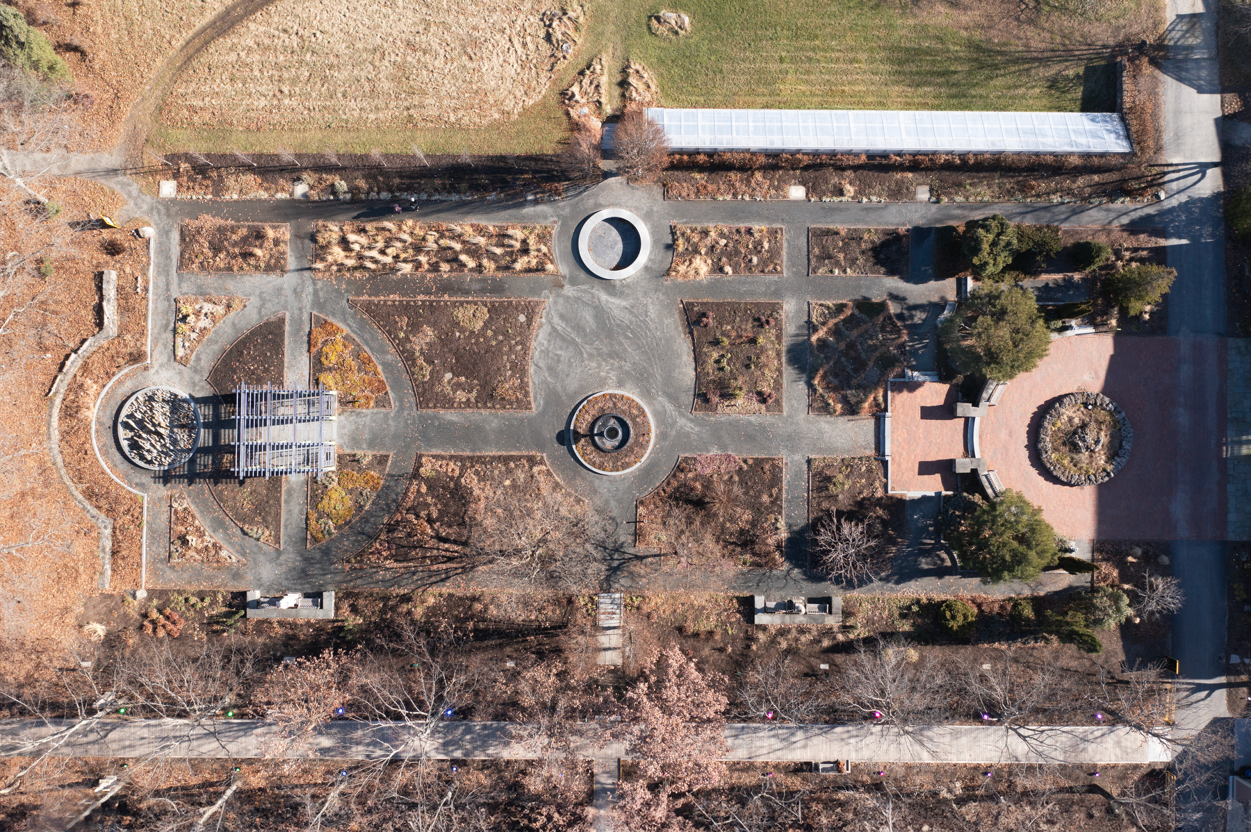 An aerial view of the Garden of Inspiration in mid winter