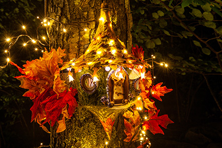 Fairy house illuminated at night