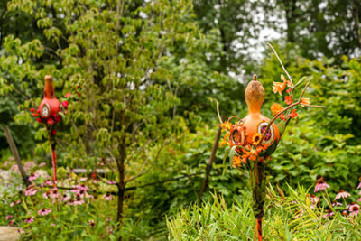 The orange and red gourd fairy houses stand around the outside of the circle lawn in The Ramble.