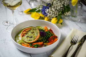 Cooked vegetables in a green soup, Spring Equinox dinner