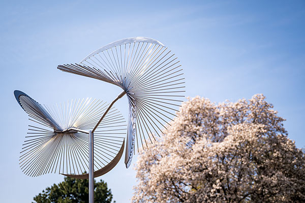 George Sherwood's kinetic steel sculpture with a magnolia tree in the background