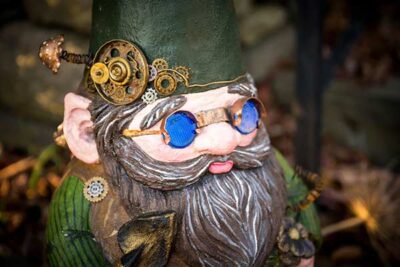 Closeup of the steampunk gnome.