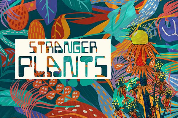 Colorful and whimsical graphic design consisting of warm and vibrant illustrated plants against a solid blue background