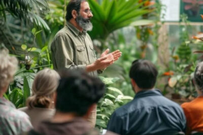 A speaker and audience inside of a Garden's conservatory for an Adult Education lecture program.