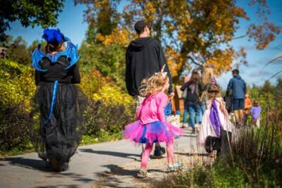 Children dressed as unicorns and young adults as dragons, at Enchanted Weekend event
