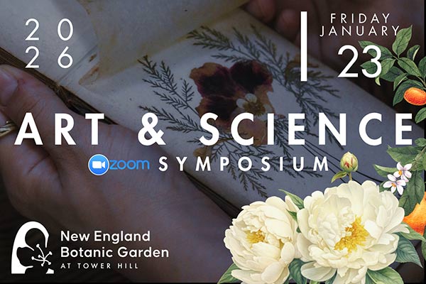 AE–2026-Art-&-Science-Symposium-(1) Art & Science text and glower graphics overlay on top of dimmed image of a notepad with a botanical illustration