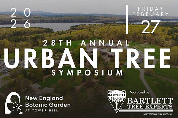 AE–2026-Urban-Tree-Symposium-(2) Urban Tree text graphic on top of a dimmed image of an aerial view of New England Botanic Garden