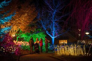 A family of four adults and a baby stroller enjoy the outdoor garden with holiday lights