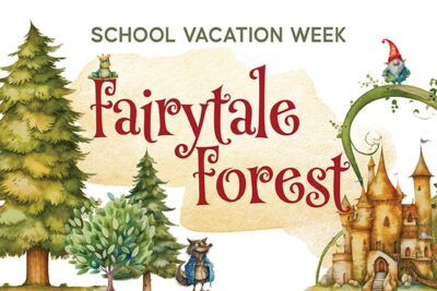 Illustration of a magical fairytale setting consisting of a whimsical forest and castle, seen with a frog prince, scheming raccoon, and a gnome.