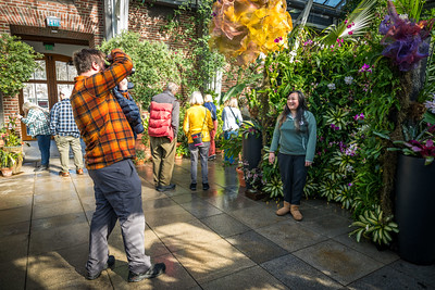 A visitor pose in front of a wall of orchids and plants while a photographer holds a camera up to their face