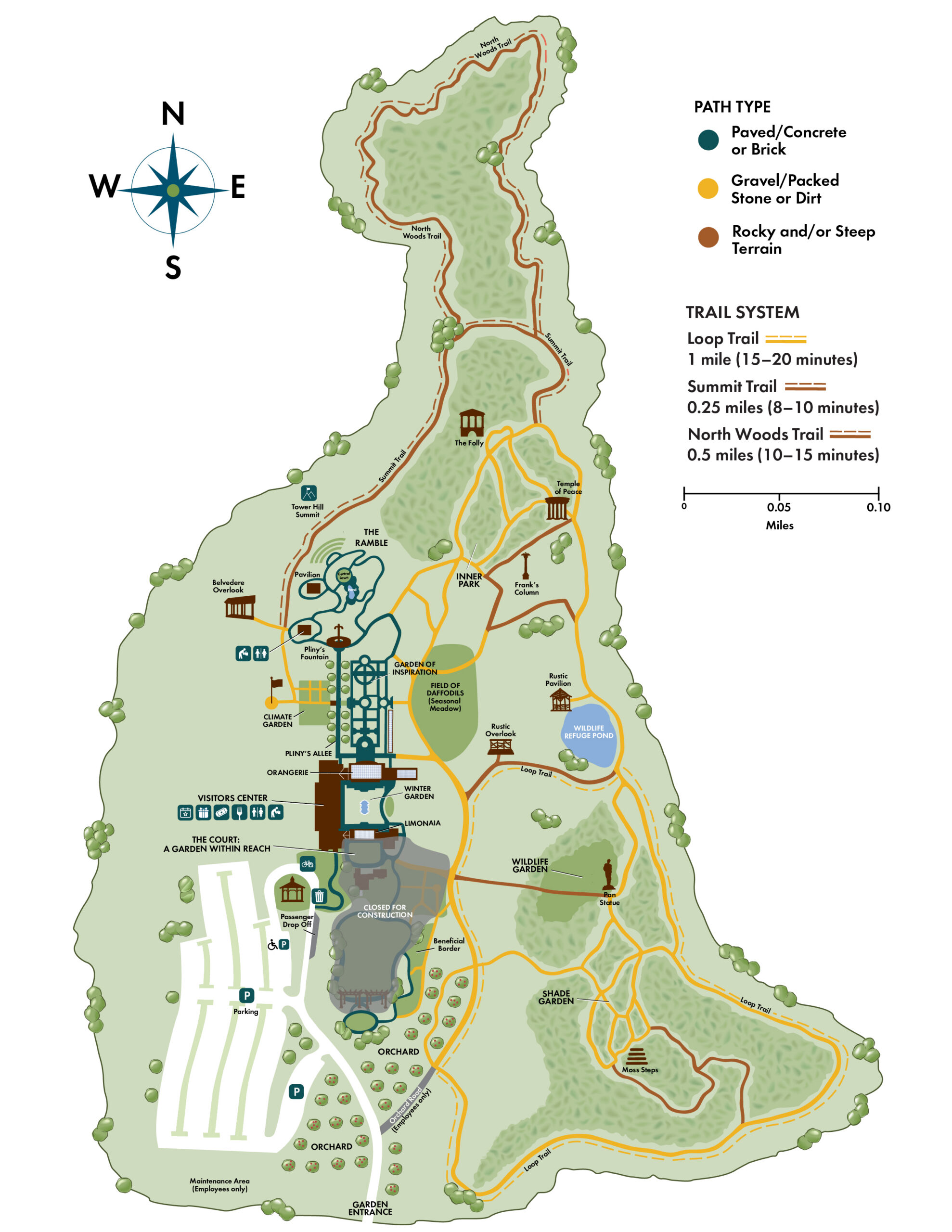 Full map of New England Botanic Garden with construction details