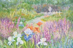 A colorful oil painting of a pathway of New England Garden with surrounding summer flowers and tall grass