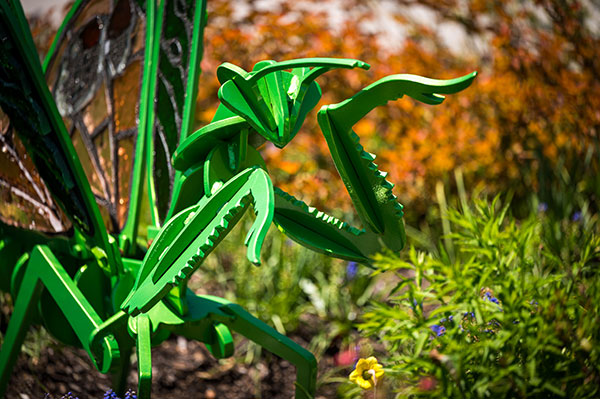 A larger-than-life steel and glass sculpture of a green praying mantis