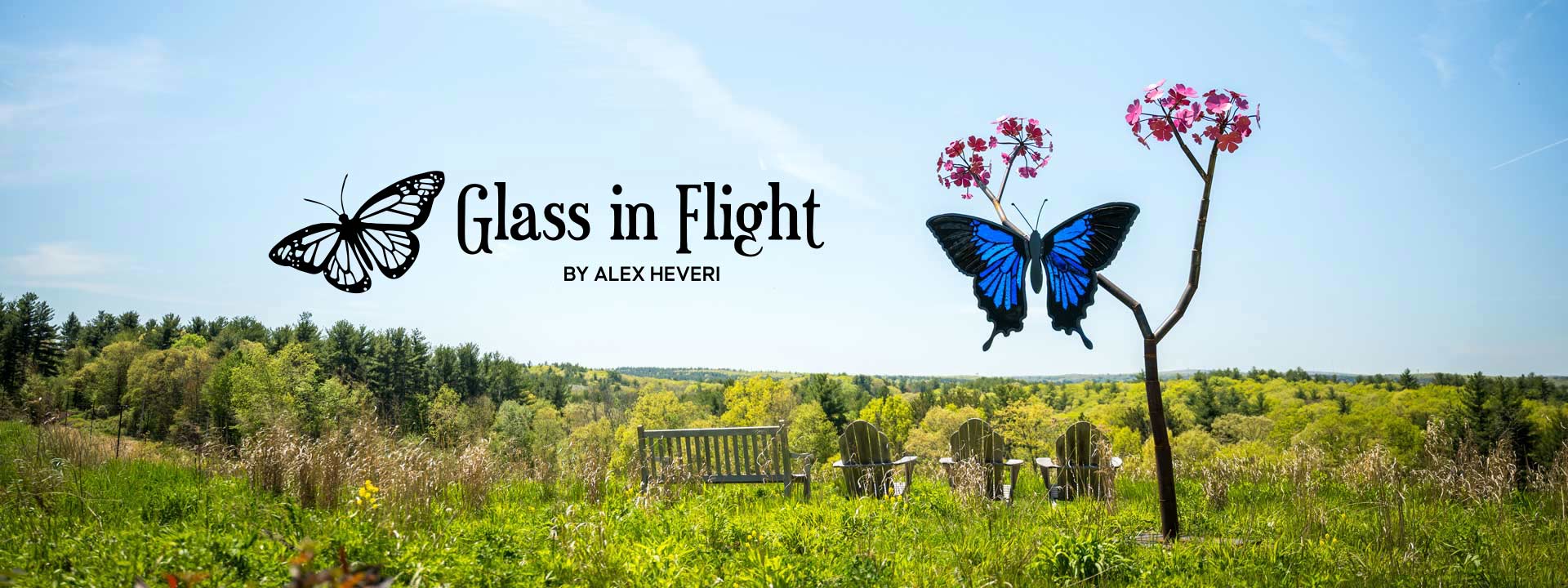 Glass In Flight Exhibit featuring a butterfly sculpture, overlooking a meadow at New England Botanic Garden
