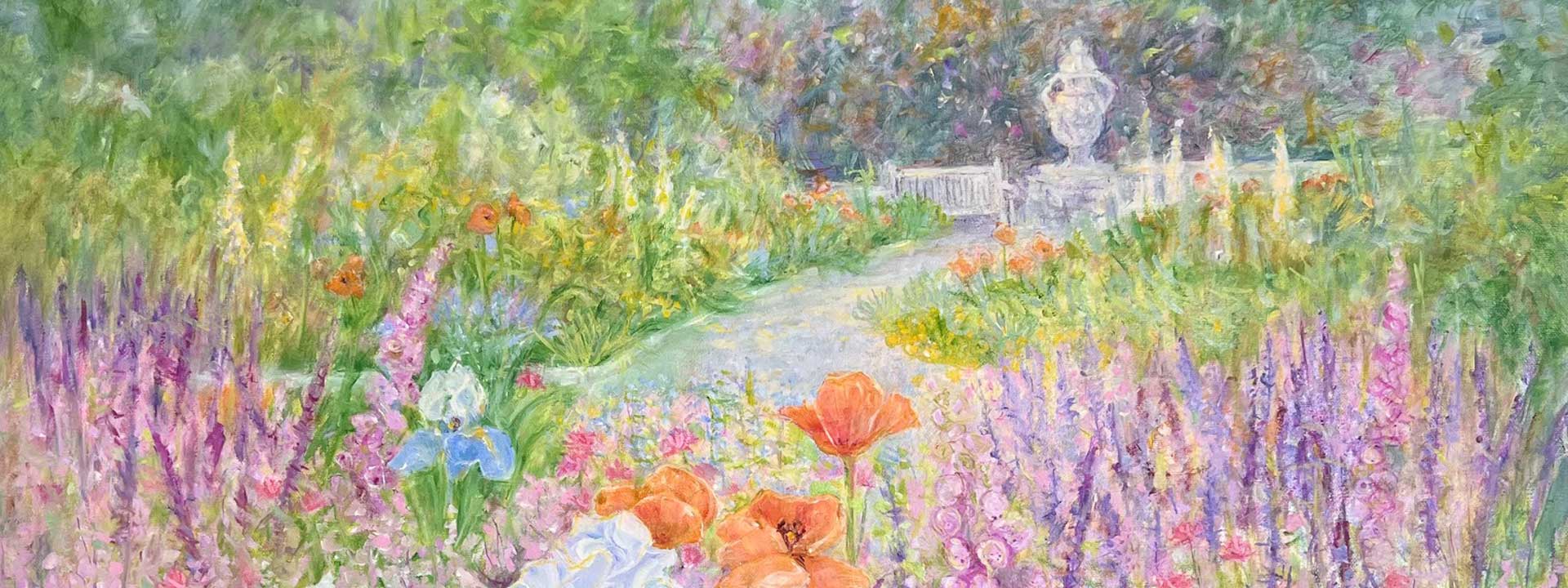 The Welsh Talbot Garden with the garden's pathway and summer flowers, Oil painting by Suzan Osborn