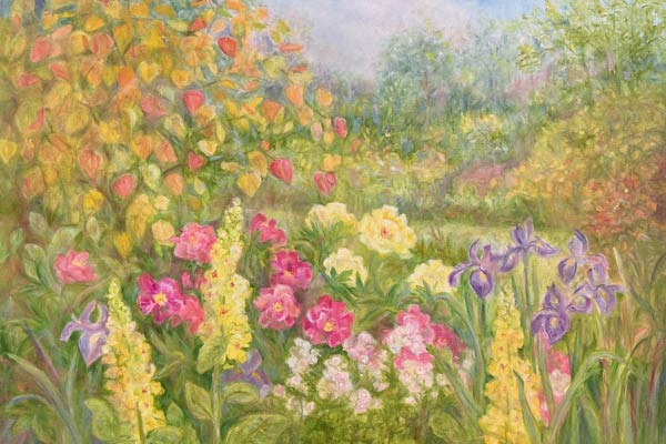 Red bud tree in the Cottage Garden, Oil painting by Suzan Osborn