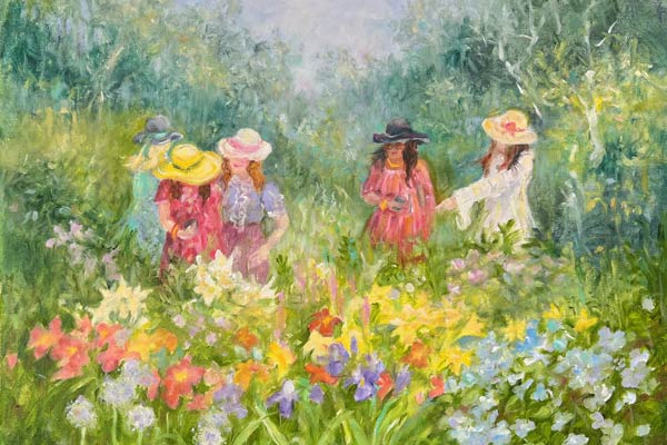 Visitors in sun hats during a fine day, Oil painting by Suzan Osborn