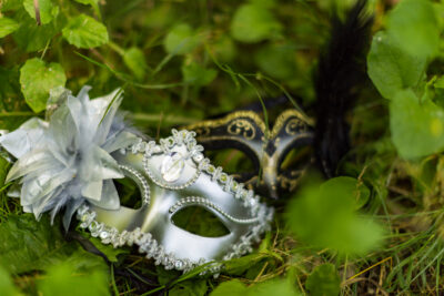 Masquerade mask laid on a lush grass surrounded by green leafs