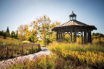 Garden entry gazebo during the fall time