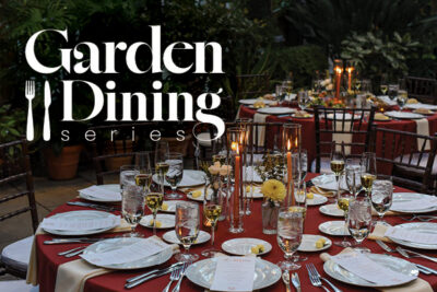 Table set up elegantly with candles and silverware on a red table cloth. Dining is located in the conservatory.